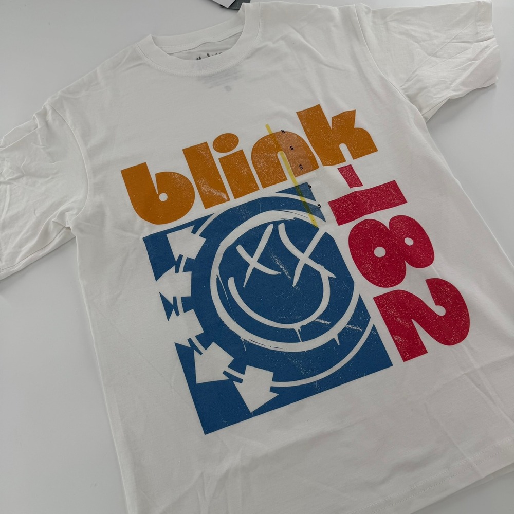 Blink-182 Graphic Tee Shirt Smiley Face Logo Modern Women Size Small White Shirt